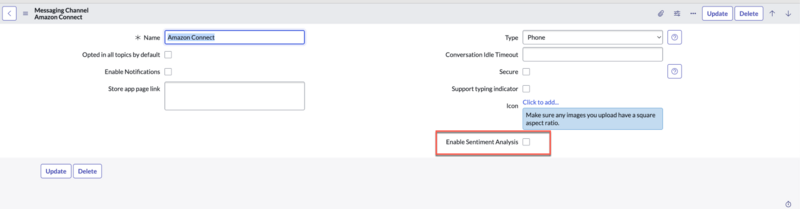 Amazon Connect messaging channel window, with Enable Sentiment Analysis option highlighted.