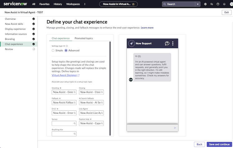 Advanced chat settings in the Define your chat experience page.