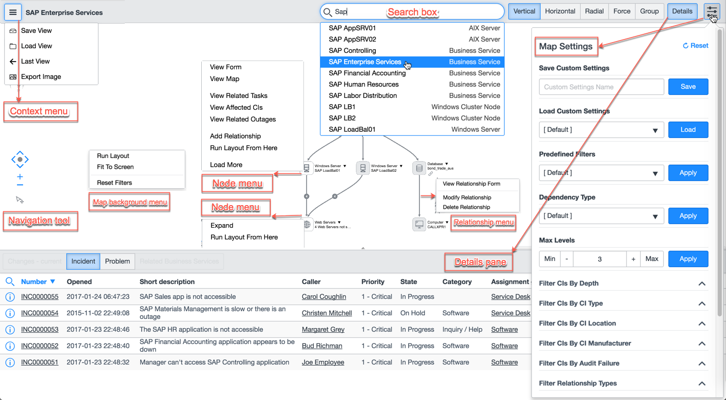 Use the various menus and controls to filter, display or hide, and place nodes on the map.