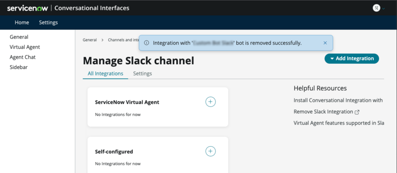 Banner message confirming remove Self-configured bot integration with Slack.