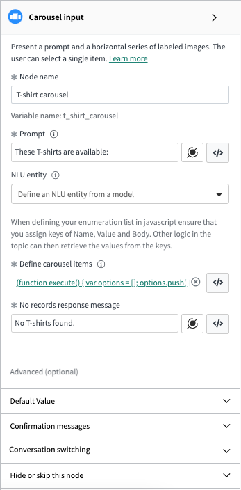 Basic properties include the node name, prompt, NLU entity, script definition for carousel items, and a "no records" response message.