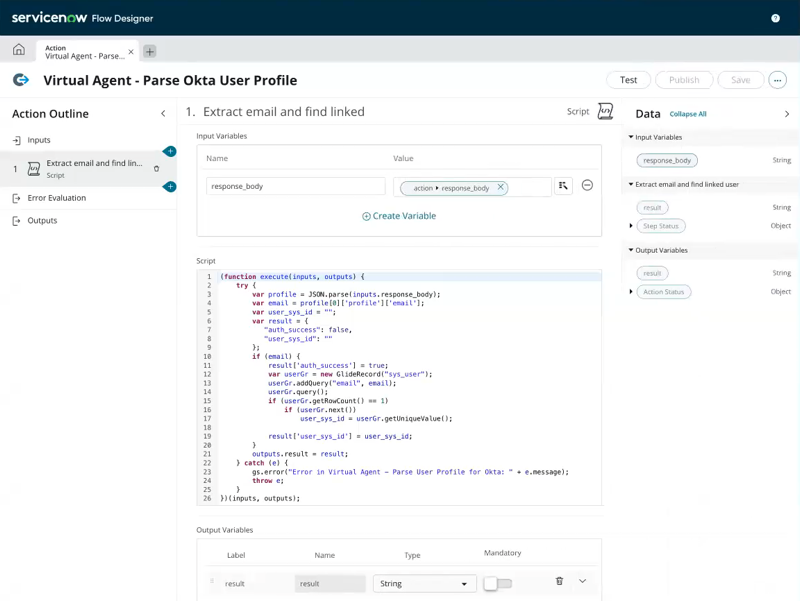 Flow Designer Integration Hub page, showing profile parser action with code snippet example.