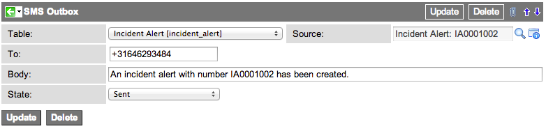 SMS Outbox Details form, which contains SMS message information