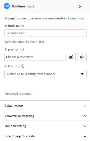 Basic properties include the node name, prompt, and NLU entity.