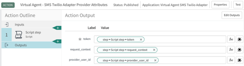 An Action Output in Flow Designer specifies the token, request_context, and provider_user_id values.