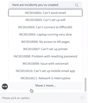 A Dynamic Choice list returns a list of incidents created by the user.