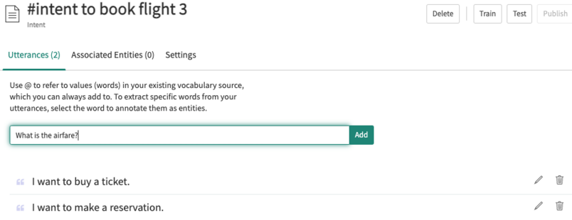 NLU Workbench intent utterances tab showing utterance added.