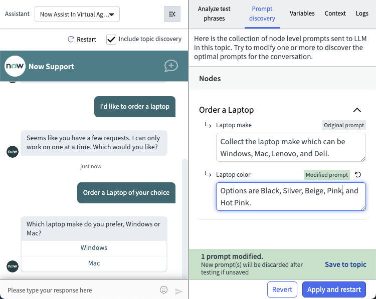 Prompt discovery tab with Modified Prompt and Save to Topic updates. Revert and Apply and Restart options activate when you make any changes.