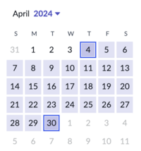 Calendar showing highlighted start-to-end dates.