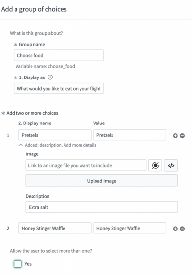 Group choice properties include an internal name and the way this group should display to the user. Each choice consists of a name, value, image, and description.