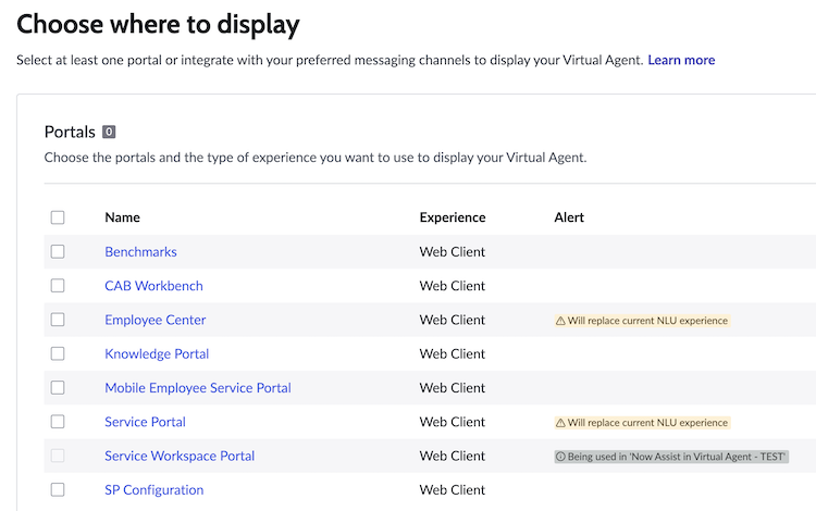 Previously assigned Virtual Agent appears in the Alert column in the Choose where to display page.