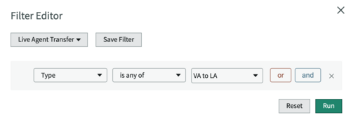 Conversation filter editor showing "Type is any of VA to LA".