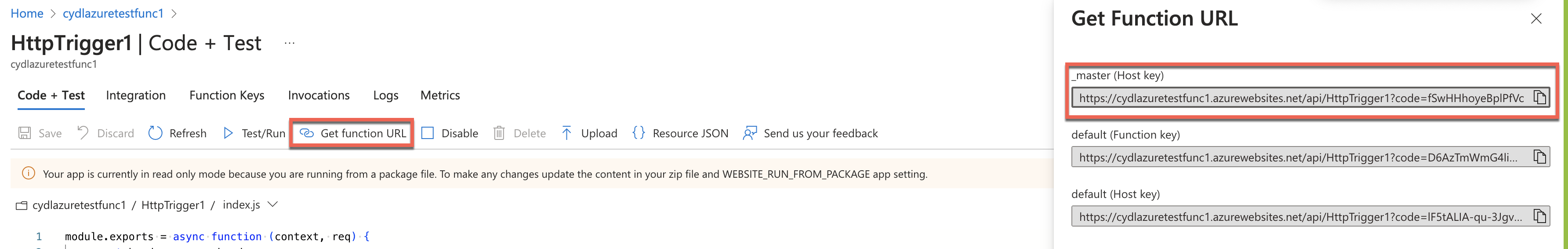 Copy the function link in the Get Function URL subtab of the selected function. The example reads, "https://appname.azurewebsites.net."