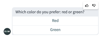 LLM utterance asking the user "Which color do you prefer: red or green?" followed by "red" or "green" choices. Like and dislike feedback options are shown in the message's corner.