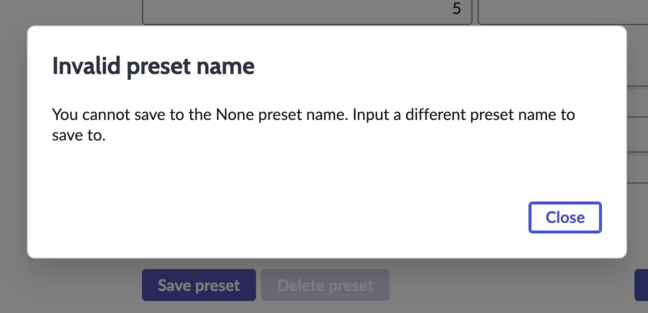 Invalid preset name message.