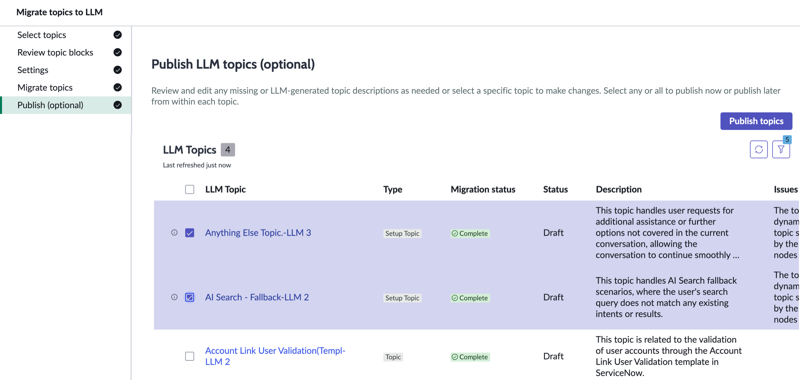 Publish topics option that becomes available after you select LLM topics for publication.