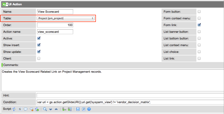 UI action table name