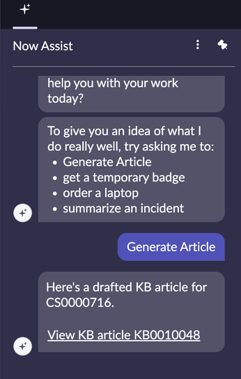 Generate and view an article in the Now Assist panel.