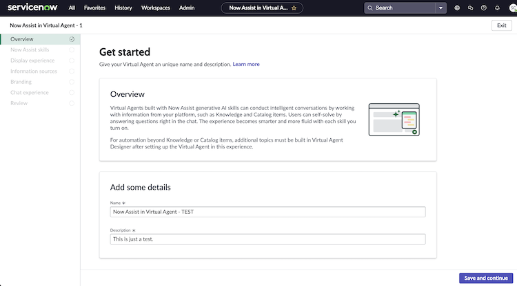 Virtual Agent Name and Description fields in the Get started page.