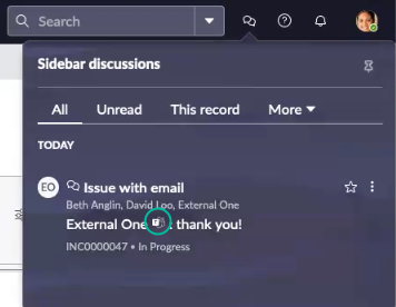 Discussion window with All tab selected, and Microsoft Teams icon highlighted.