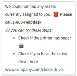 Text response with emojis that reads, "We could not find any assets currently assigned to you." A phone number, additional steps, and a link are included.