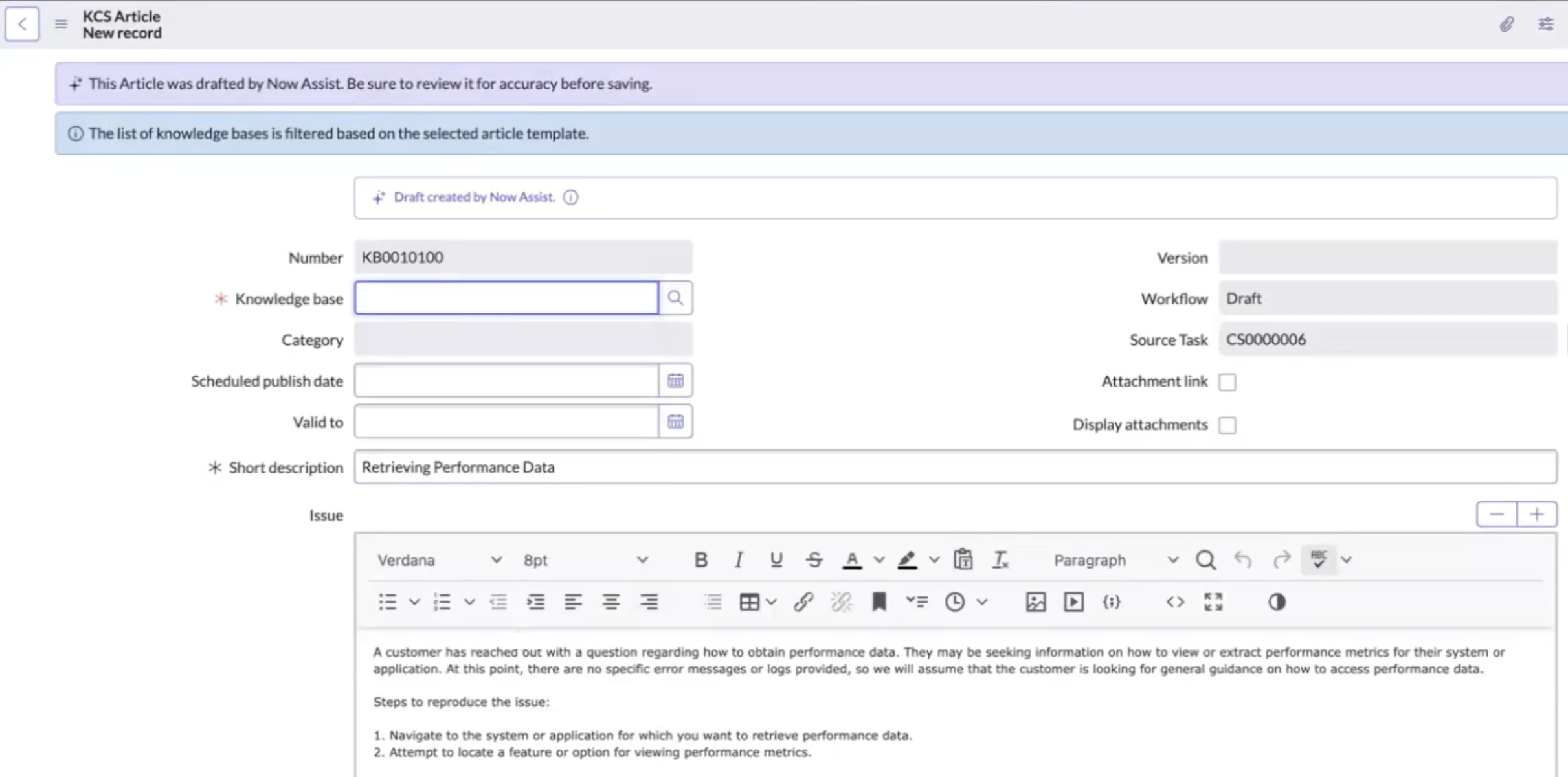 Success message for the article drafted using Now Assist.