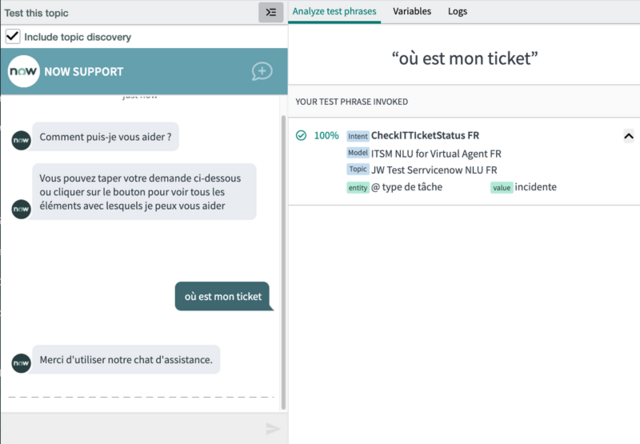 The test window displays the conversation in French. The fly-out panel displays the test phrase that was entered and the matching intent.
