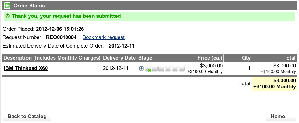 Order status page showing the submission confirmation for an IBM Thinkpad X60, with details like order number, request number, and delivery date.