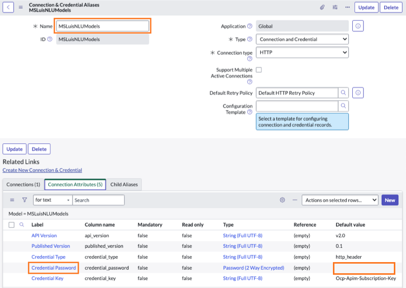 Connection & Credential Credential Aliases form for MSLuisNLUModels. Credential Password attribute and the Default value field in which you enter the Microsoft Luis authoring key are highlighted.