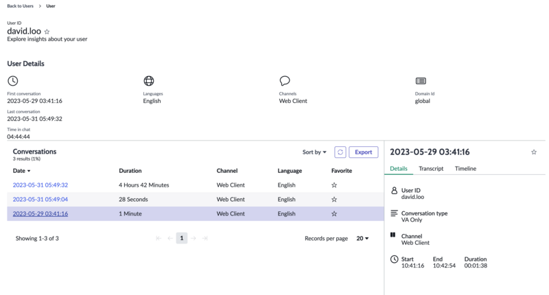 Virtual Agent chat User details with multiple chat events shown.