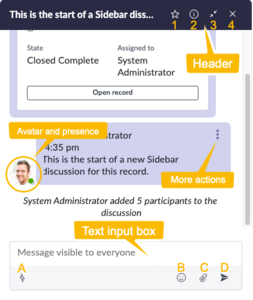 Sidebar docked window, with header, avatar and presence, more actions icon, and text input box highlighted.