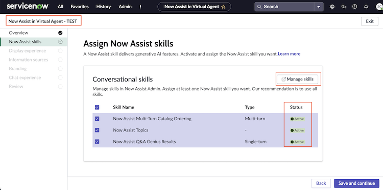 Activate Now Assist skills for the Virtual Agent.