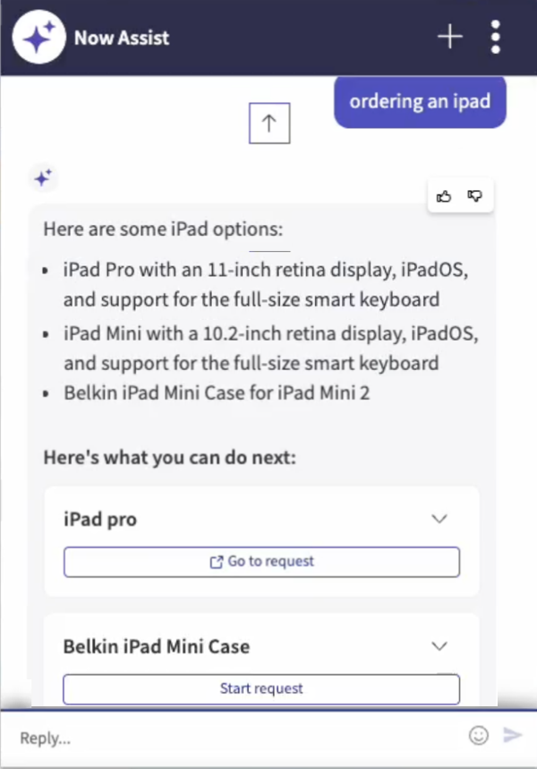 Summary of the iPad options along with catalog options to either Go to request or Start request in the Virtual Agent.