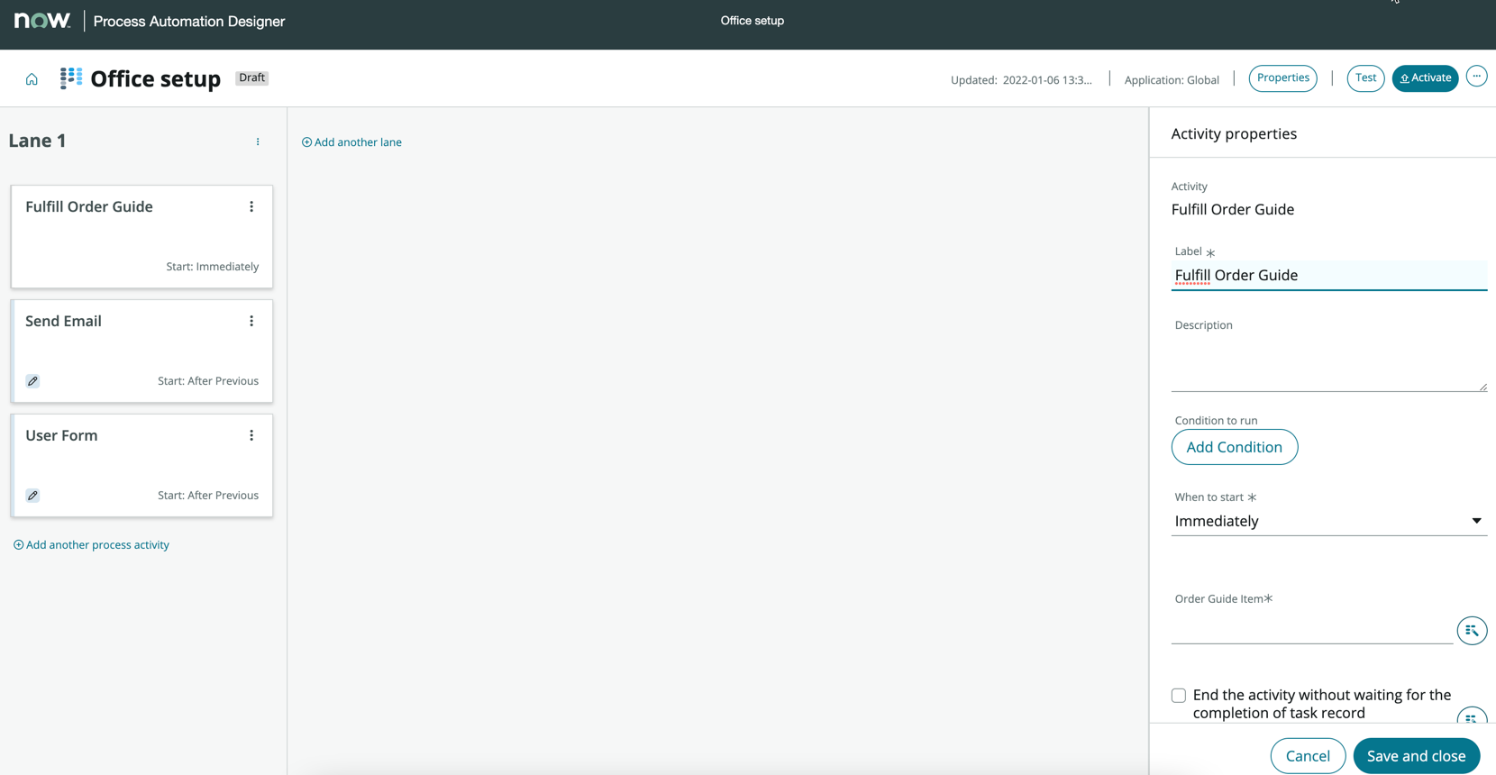 Process Automation Designer page for sequencing