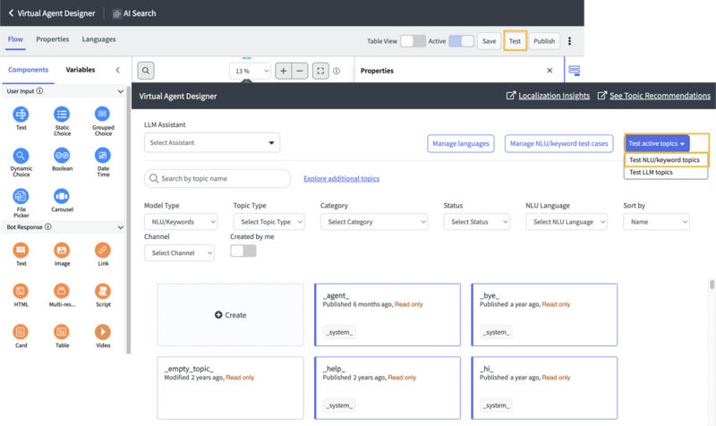 NLU/Keyword testing options are available on both the Virtual Agent Designer canvas and the topics page.