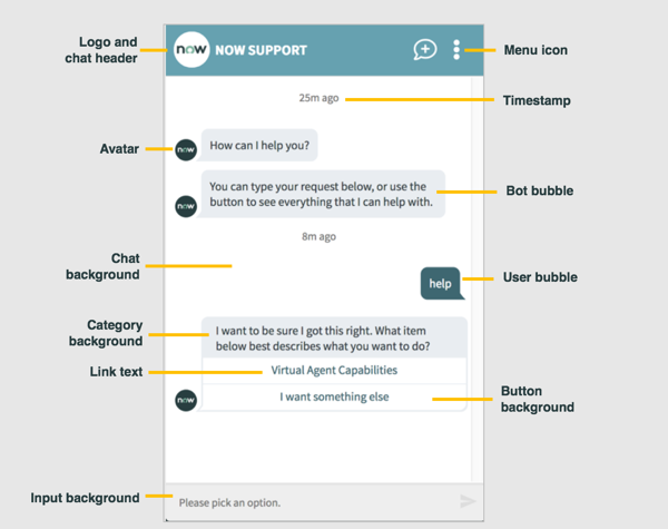 Elements of the Virtual Agent interface including category, links, button background, menu buttons, and input background.