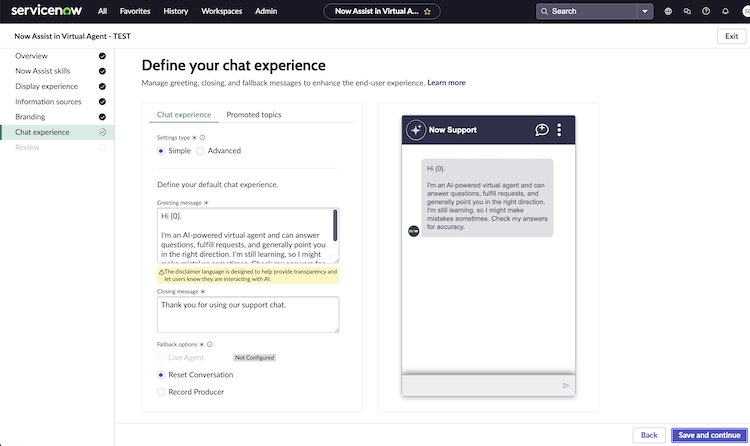 Greeting, closing, and fallback options for your Virtual Agent in the Define your chat experience page.