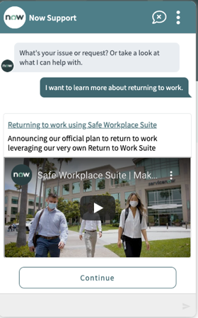 Video card with the header, "Returning to work using Safe Workplace Suite" and a description and a "Continue" navigation button.