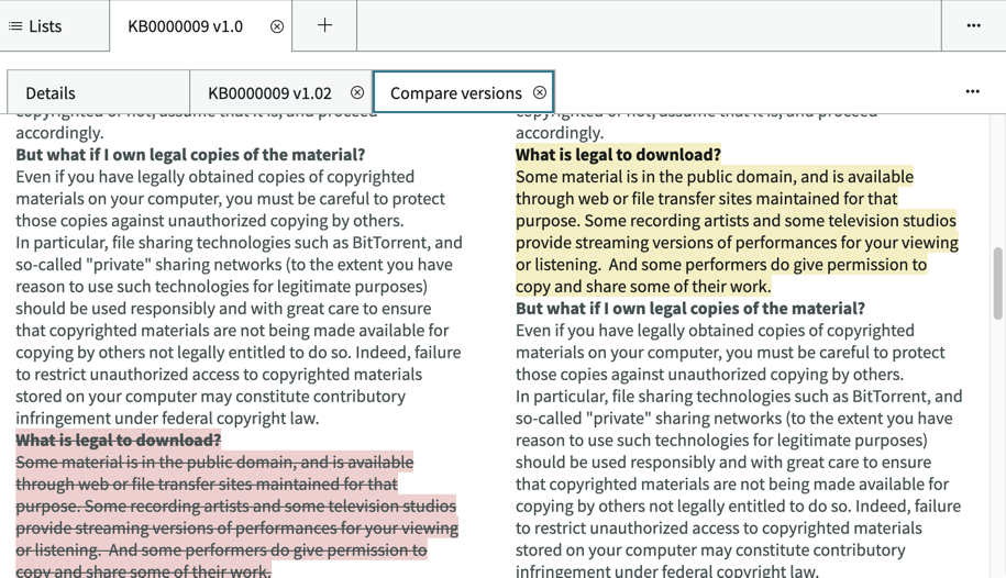 Compare versions example