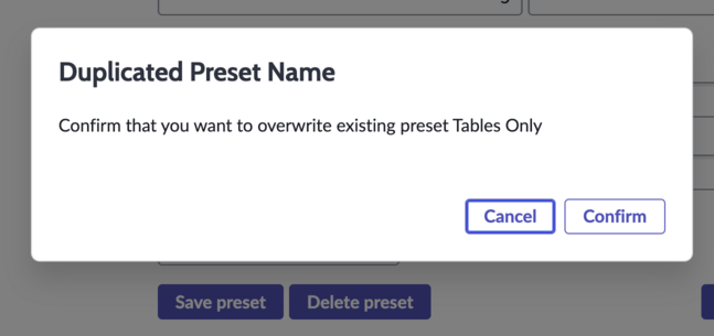 Duplicated preset name message.