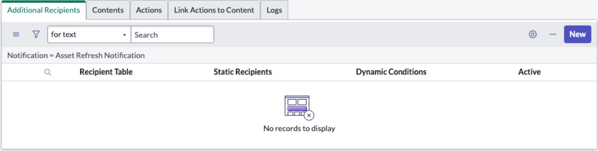 New tabs and fields are available in the record: Additional Recipients, Contents, Actions, Link Actions to Content, and Logs.