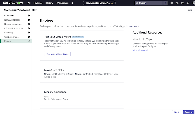 Test the Virtual Agent in the Review page.