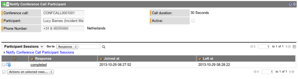 Notify Conference Call Participant Details form, which provides additional details about each conference call participant