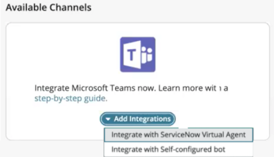 Microsoft Teams ServiceNow 가상 에이전트와 통합을 선택한 통합 추가 드롭다운.