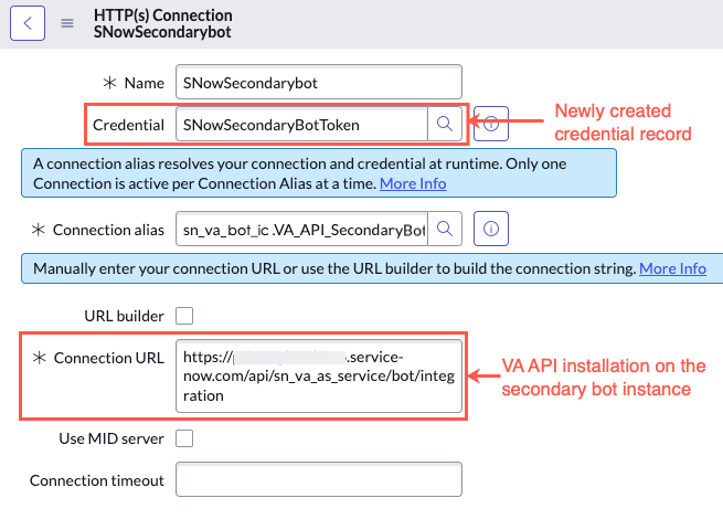ServiceNow 보조 봇 HTTPS 연결 뷰. 자격 증명 및 연결 URL 필드가 보조 봇 인스턴스에 새로 생성된 자격 증명 기록 및 VA API 설치로 강조 표시됩니다.