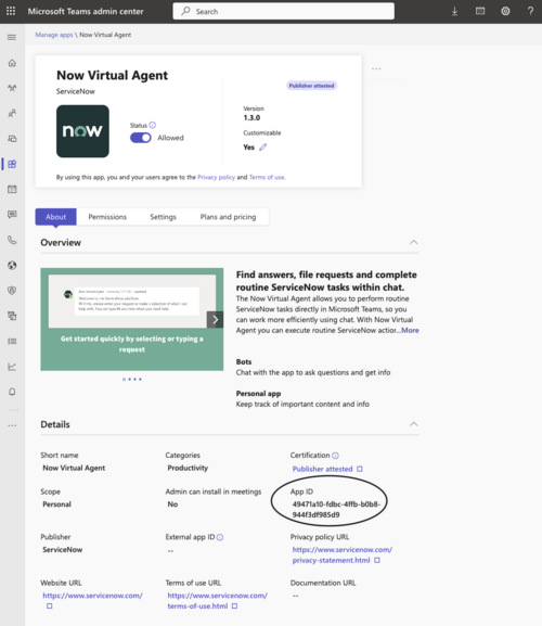 Microsoft Teams 관리자 센터 포털이 앱 관리 탭으로 열리고 앱 ID가 강조 표시됩니다.