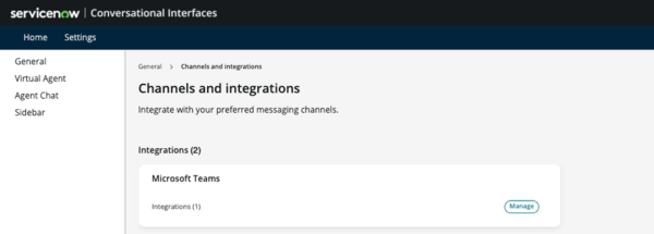 대화형 인터페이스 채널 및 통합 일반 설정 관리 Microsoft Teams 버튼이 표시되는 포털입니다.
