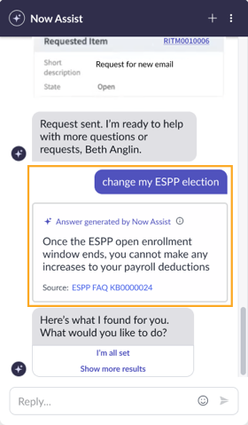 사용자가 "change my ESPP election. 가상 에이전트 "을 입력하면 "ESPP 공개 등록 기간이 종료되면 급여 공제액을 늘릴 수 없습니다"라고 응답합니다.