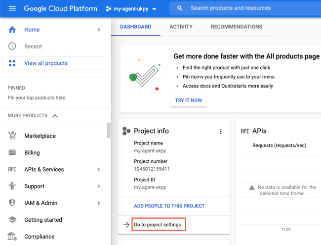 Google Cloud Home 대시보드에서 프로젝트 설정으로 이동이 프로젝트 정보 카드에 표시됩니다.