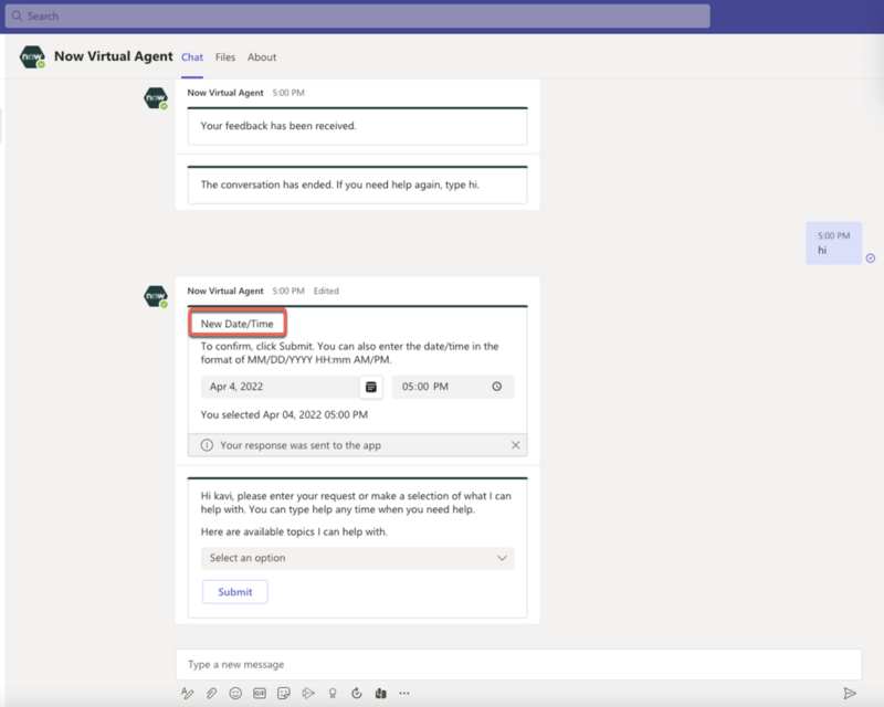 Microsoft Teams에서 이 알림에는 "새 날짜/시간"이라는 제목과 약속을 예약할 날짜/시간 선택기가 표시됩니다. 완료되면 사용자가 제출 단추를 선택합니다.